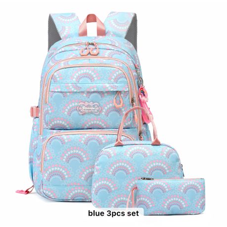 The Clip-Trending Nylon Girls Travel,School Backpack and Lunch Box set 3Pcs - LightBlue