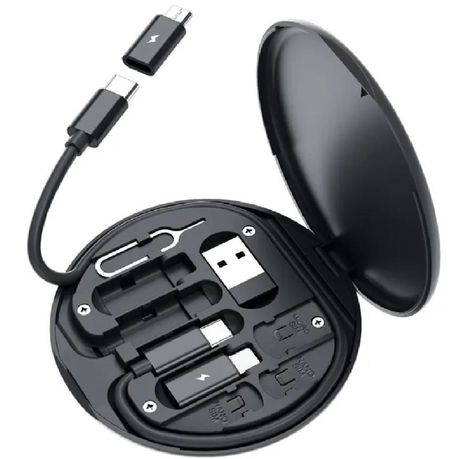 Multi Charging USB Data Cable Travel Storage Box Kit Phone Holder 7in1 - Black