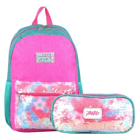 Teenage Girls Set 2 in 1 With Penncil Case Glitter Sequin Backpack - Pink