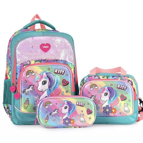 New Sequins Unicorn 3D 3 PCS Set Kids School Backpack - Purple